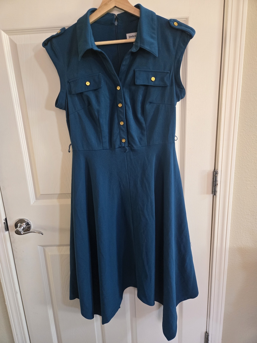 Shelby & Palmer Teal Sleeveless Shirt Midi Dress with Gold Buttons
